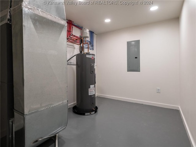 utility room featuring electric panel, water heater, and heating unit