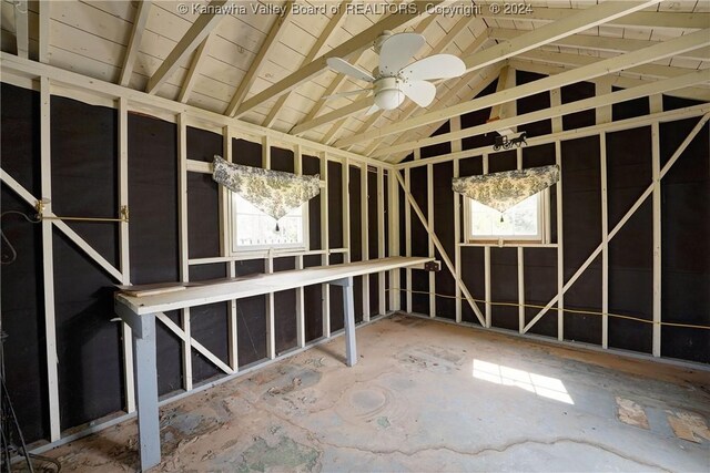 misc room featuring ceiling fan and vaulted ceiling