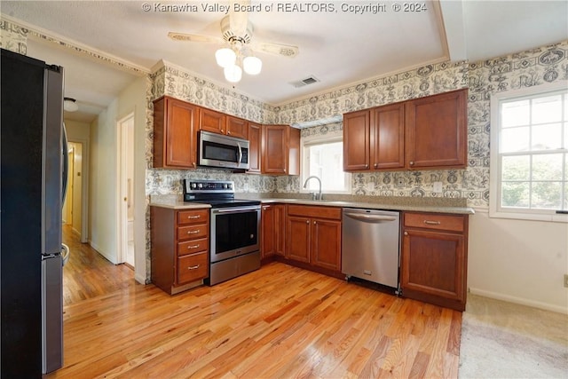 kitchen with plenty of natural light, stainless steel appliances, and light hardwood / wood-style flooring