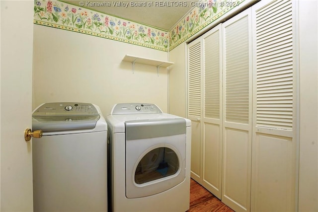 clothes washing area featuring washer and clothes dryer and wood-type flooring