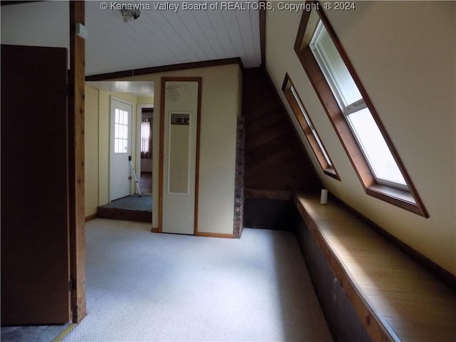 bonus room with light carpet and lofted ceiling with skylight