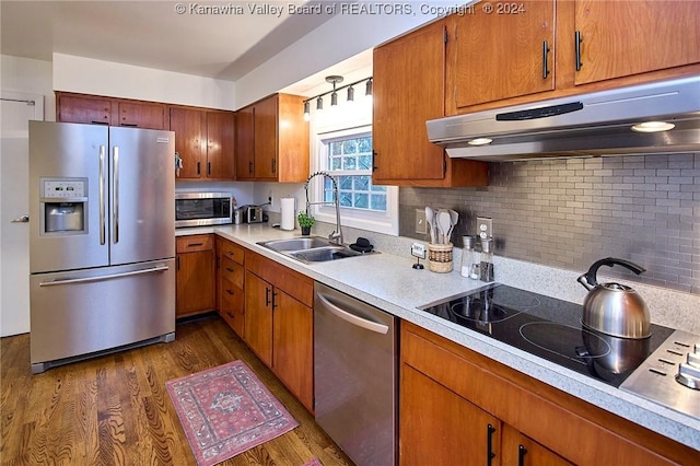 kitchen featuring appliances with stainless steel finishes, dark hardwood / wood-style flooring, tasteful backsplash, and sink