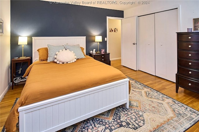 bedroom featuring a closet and light hardwood / wood-style flooring