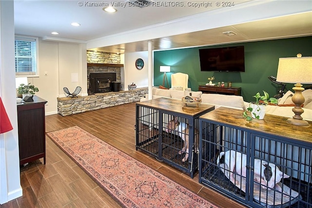 living room with a wood stove and hardwood / wood-style flooring