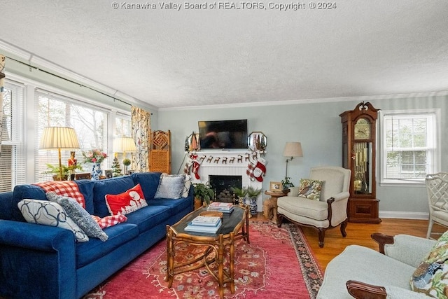 living room with a brick fireplace, ornamental molding, a healthy amount of sunlight, and wood-type flooring