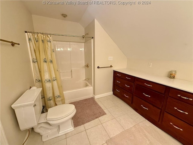 bathroom with tile patterned floors, shower / bath combination with curtain, toilet, and vaulted ceiling