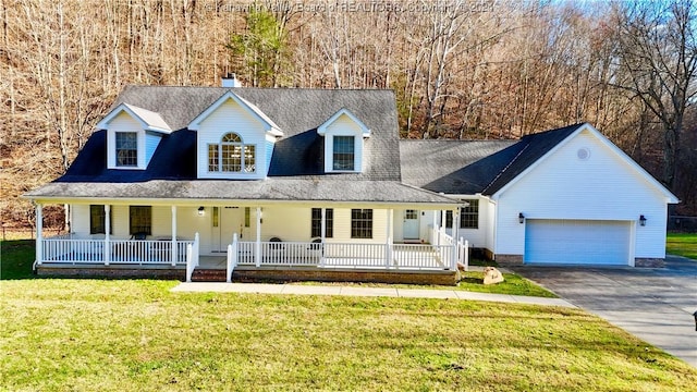 view of front of property featuring a front lawn, a porch, and a garage