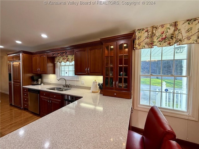 kitchen with dishwasher, light stone countertops, sink, and dark wood-type flooring