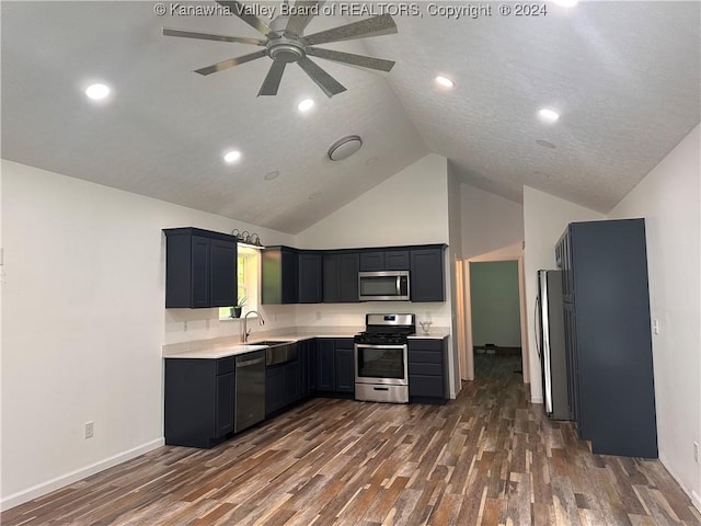 kitchen featuring ceiling fan, sink, dark wood-type flooring, stainless steel appliances, and high vaulted ceiling