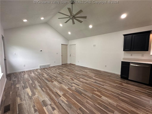 unfurnished living room with ceiling fan, dark hardwood / wood-style flooring, and high vaulted ceiling