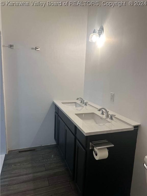 bathroom with wood-type flooring and vanity