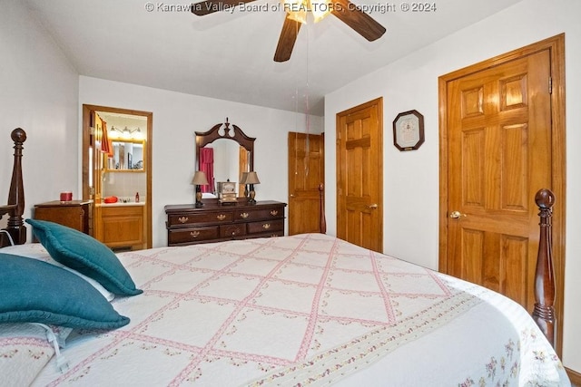 bedroom featuring connected bathroom and ceiling fan