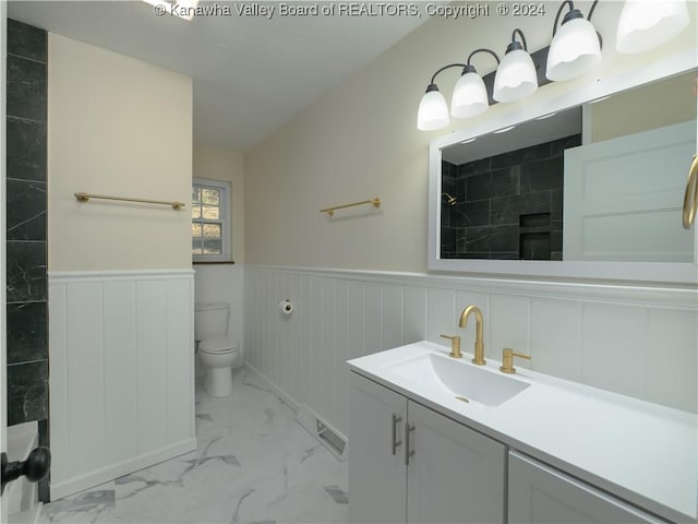 bathroom featuring a shower, toilet, and vanity