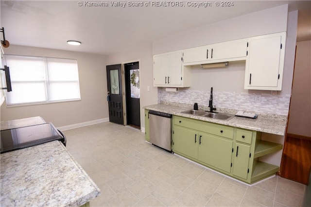 kitchen featuring decorative backsplash, sink, dishwasher, white cabinetry, and green cabinets