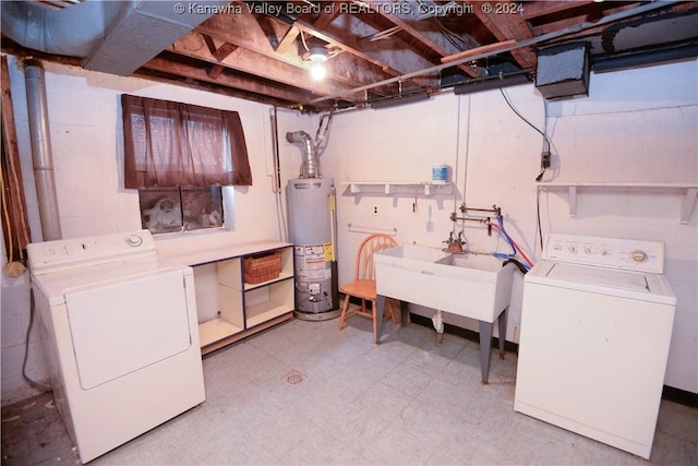 laundry room with washing machine and dryer, sink, and gas water heater