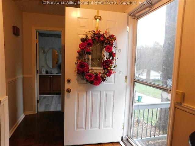 doorway with plenty of natural light and dark wood-type flooring