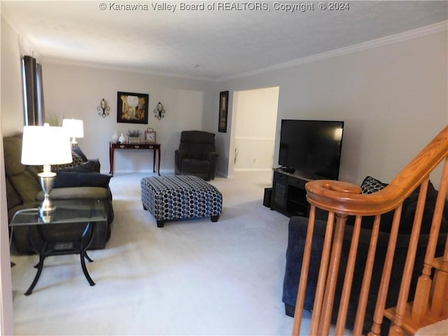 carpeted living room featuring crown molding