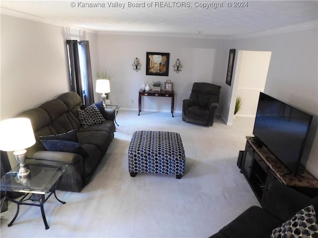 living room with carpet flooring and ornamental molding