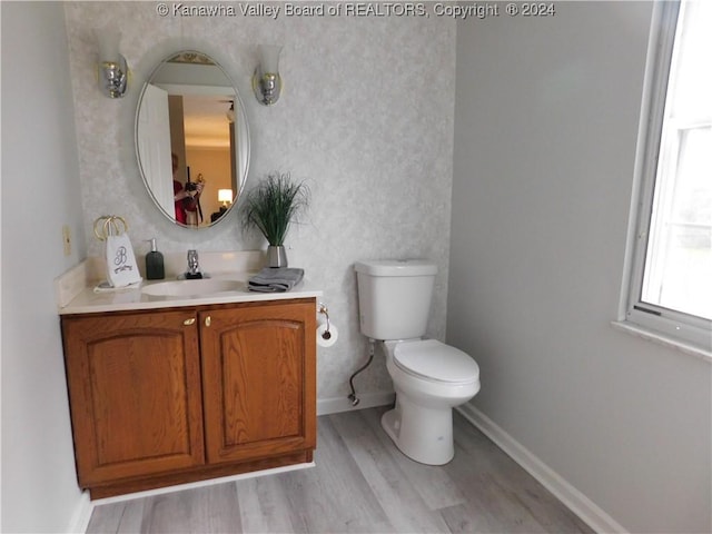 bathroom with toilet, vanity, and hardwood / wood-style flooring