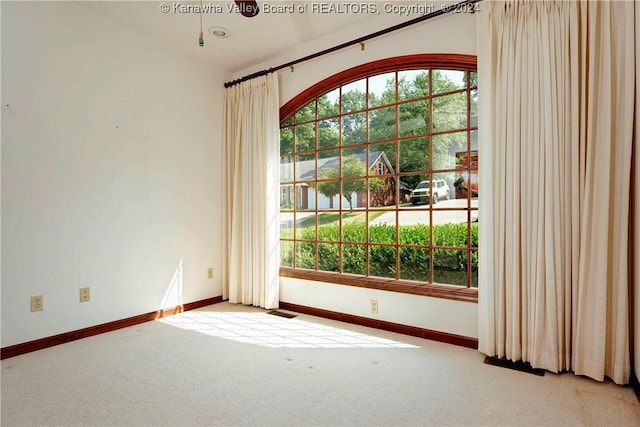 unfurnished room with light colored carpet