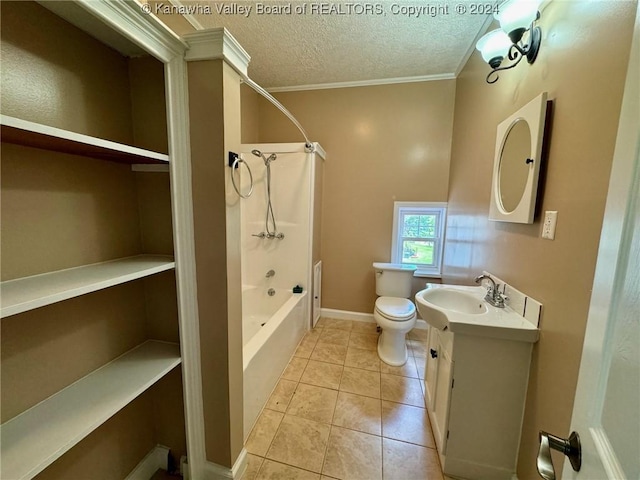 full bathroom with vanity, crown molding, tile patterned flooring, toilet, and shower / bathtub combination