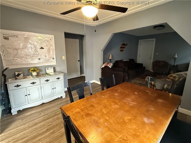 dining room featuring ceiling fan and light hardwood / wood-style flooring