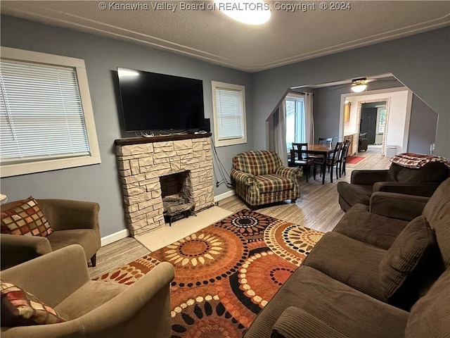 living room featuring a fireplace and light wood-type flooring