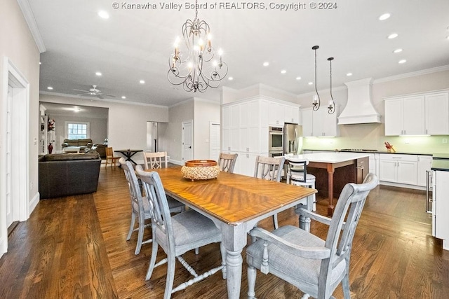 dining area featuring ceiling fan with notable chandelier, ornamental molding, and dark wood-type flooring