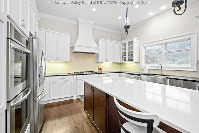 kitchen with appliances with stainless steel finishes, dark hardwood / wood-style flooring, custom range hood, decorative light fixtures, and white cabinets