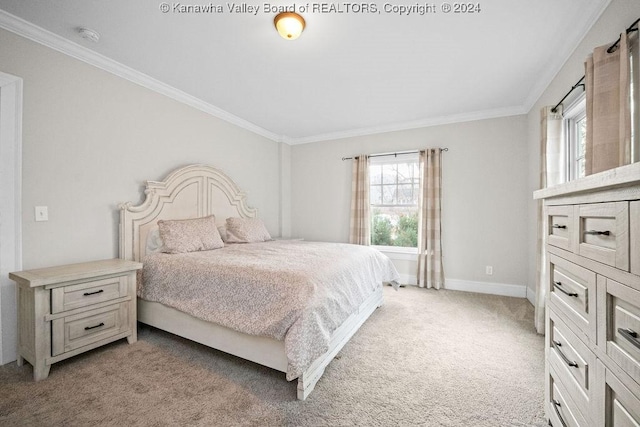 bedroom featuring light colored carpet and ornamental molding