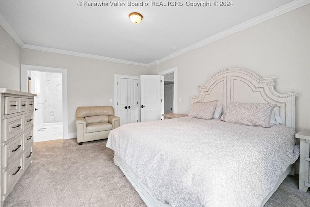 bedroom with light carpet, ensuite bath, and ornamental molding