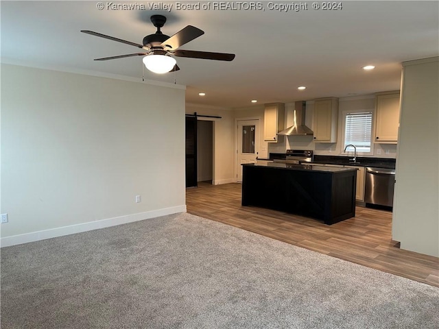 kitchen featuring wall chimney exhaust hood, a barn door, light hardwood / wood-style floors, a kitchen island, and stainless steel appliances