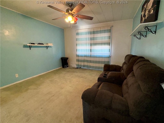 living room with light carpet and ceiling fan