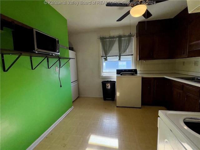 kitchen featuring dark brown cabinets, white range, ceiling fan, sink, and electric range