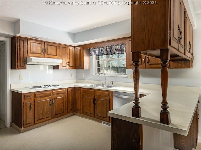 kitchen with white stovetop, light colored carpet, sink, and dishwasher