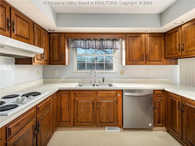 kitchen with white electric stovetop, a tray ceiling, stainless steel dishwasher, and sink