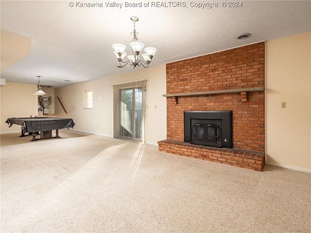 carpeted living room with pool table