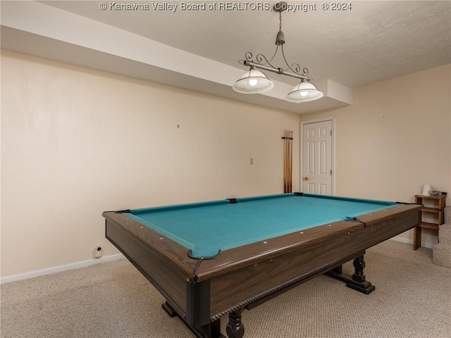 game room featuring light carpet and billiards