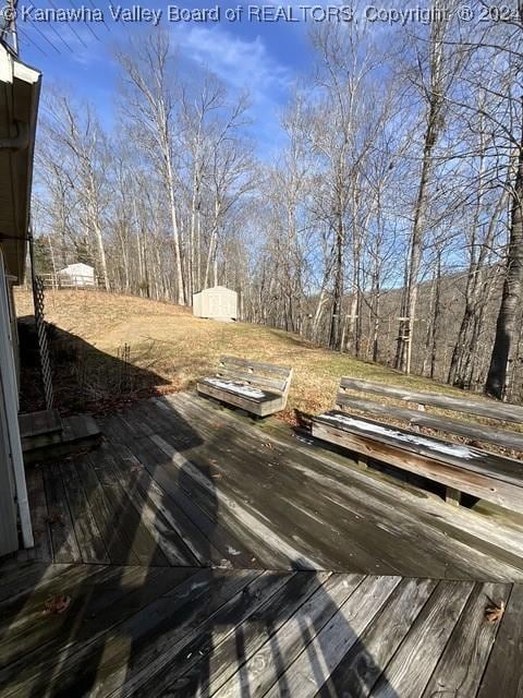 wooden deck featuring a shed