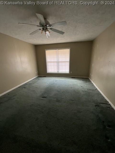 unfurnished room featuring carpet flooring, ceiling fan, and a textured ceiling