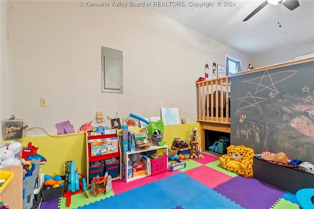 recreation room with electric panel and ceiling fan