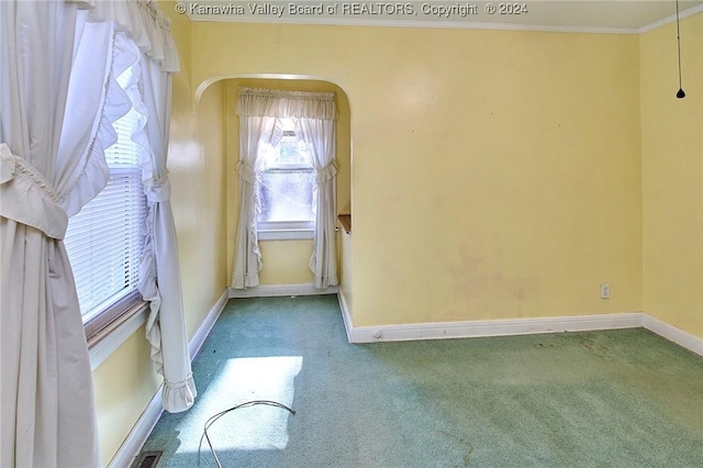 carpeted empty room with crown molding