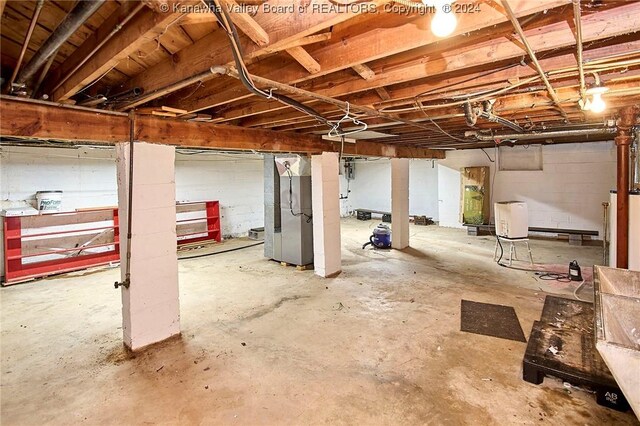 basement featuring heating unit