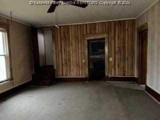 carpeted empty room with a wood stove, plenty of natural light, and wooden walls