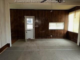 carpeted empty room featuring a healthy amount of sunlight and wood walls