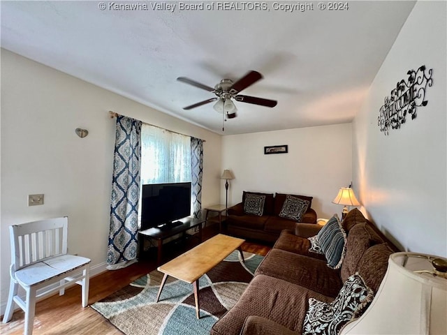 living room with ceiling fan and hardwood / wood-style floors