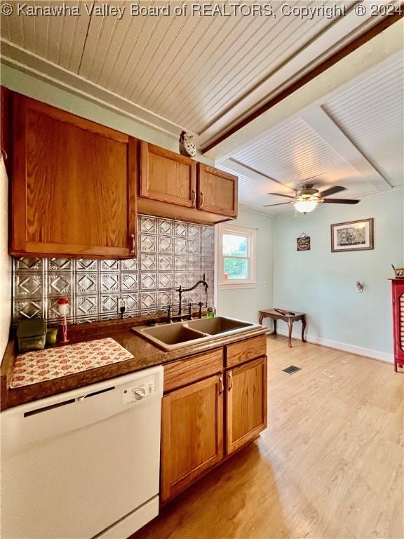 kitchen with dishwasher, sink, ceiling fan, decorative backsplash, and light wood-type flooring