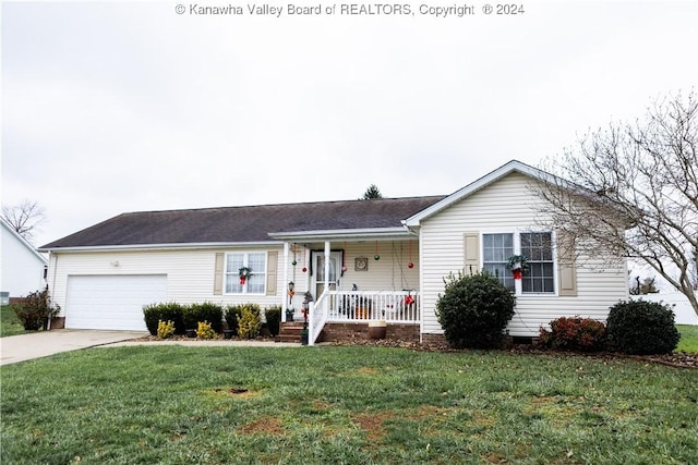 ranch-style home with a front lawn, a porch, and a garage