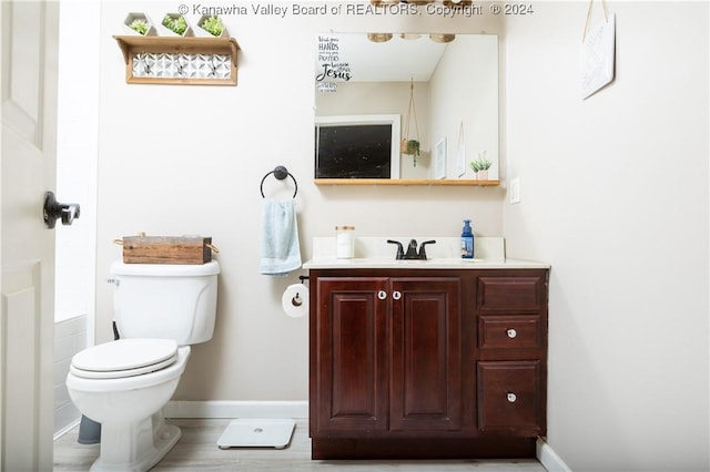 bathroom with hardwood / wood-style flooring, vanity, and toilet