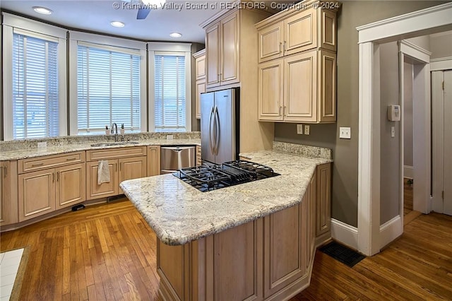 kitchen with a sink, dark wood-style floors, appliances with stainless steel finishes, and a peninsula